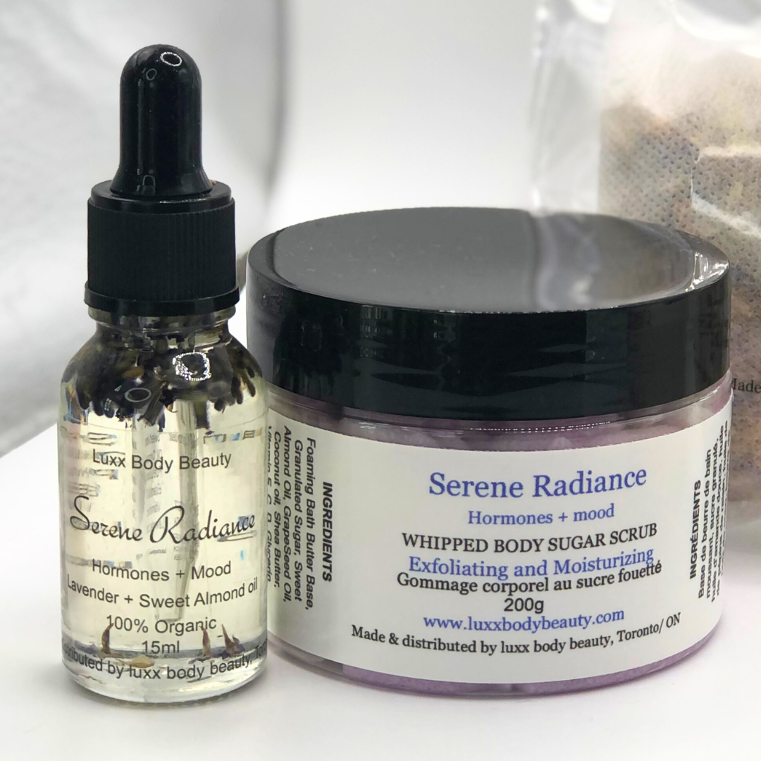 A home spa day set featuring a body oil bottle and sugar scrub jar.