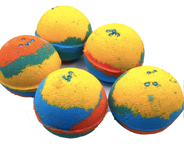 A round bath bomb with yellow, green, blue, and orange colors, topped with blue pearls.