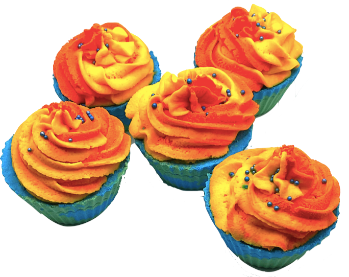 A blue and green cupcake-shaped bath bomb topped with orange and yellow bubble bath icing, topped with blue pearls.