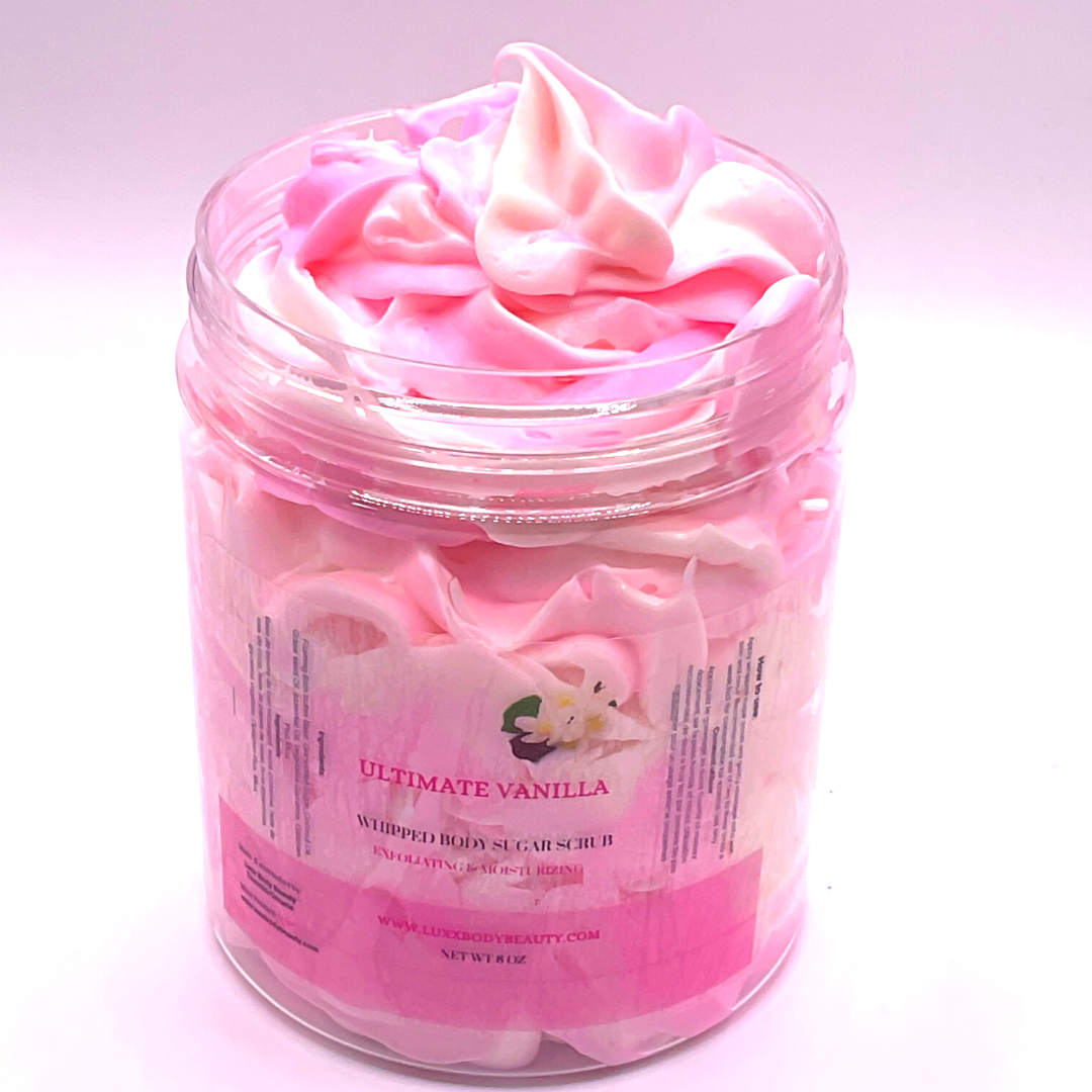 Pink and white whipped sugar scrub pipped in a container, Vanilla Bean scent